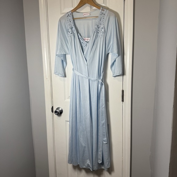 Shadowline Other - Shadowline Gown & Robe Set Blue Floral Embroidered Trim Womens Size Small VTG